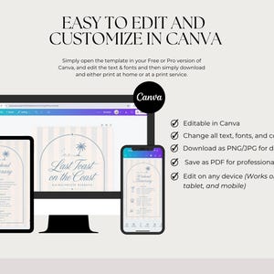 May include: A digital template for a bachelorette weekend itinerary displayed on a computer monitor, tablet, and smartphone. The design features a striped background, an arched frame, palm tree graphics, and the text Last Toast on the Coast.