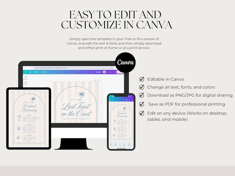 May include: A digital template for a bachelorette weekend itinerary displayed on a computer monitor, tablet, and smartphone. The design features a striped background, an arched frame, palm tree graphics, and the text Last Toast on the Coast.