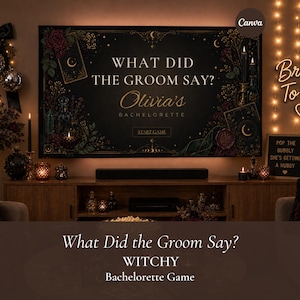 以下が含まれることがあります： What Did The Groom Say? Olivia's Bacheloretteというタイトルのデジタルバチェロレッテパーティーゲーム画面。黒い背景には、金色の天体のモチーフ、タロットカード、バラが描かれています。中央下部にStart Gameボタンが表示されています。