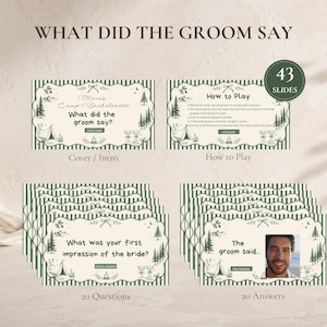 May include: A digital game set titled What Did The Groom Say featuring 43 slides with a forest theme. The cards include a cover, instructions, 20 question slides, and 20 answer slides with green striped borders, pine trees, and camping illustrations.