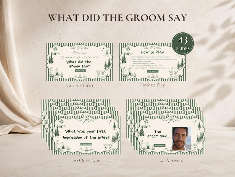 May include: A digital game set titled What Did The Groom Say featuring 43 slides with a forest theme. The cards include a cover, instructions, 20 question slides, and 20 answer slides with green striped borders, pine trees, and camping illustrations.