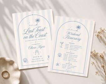 Last Toast on the Coast Bachelorette Invitation  and Itinerary Template Beach Bach Weekend Invite Coastal Canva Girls Trip Schedule