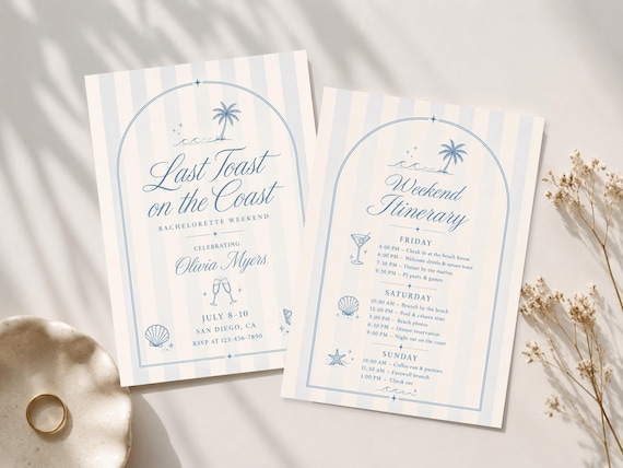 Last Toast on the Coast Bachelorette Invitation  and Itinerary Template Beach Bach Weekend Invite Coastal Canva Girls Trip Schedule