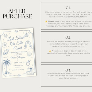 May include: A digital invitation template featuring blue line art of seashells, a palm tree, a wave, and champagne flutes with the text Last Toast On The Coast. The graphic includes three instructional boxes detailing the download process for the file.