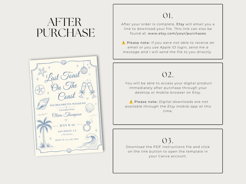 May include: A digital invitation template featuring blue line art of seashells, a palm tree, a wave, and champagne flutes with the text Last Toast On The Coast. The graphic includes three instructional boxes detailing the download process for the file.
