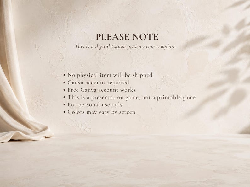 May include: A digital Canva presentation template with text that reads: PLEASE NOTE, This is a digital Canva presentation template, No physical item will be shipped, Canva account required, Free Canva account works, This is a presentation game, not a printable game, For personal use only, Colors may vary by screen.