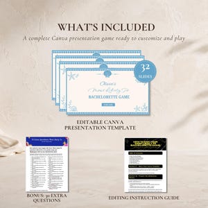 May include: A digital Canva presentation template for a bachelorette game featuring 32 slides with blue seashell graphics, text reading Olivia's Most Likely To BACHELORETTE GAME, a bonus sheet of 30 extra questions, and an editing instruction guide.