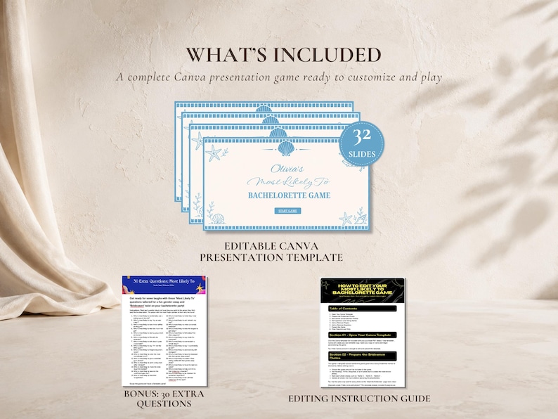 May include: A digital Canva presentation template for a bachelorette game featuring 32 slides with blue seashell graphics, text reading Olivia's Most Likely To BACHELORETTE GAME, a bonus sheet of 30 extra questions, and an editing instruction guide.