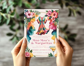 Moo Moos and Margaritas Girls Night Invitation Editable Canva Template for Pajama Party & Bachelorette Fun Celebration Ladies Night
