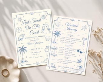 Last Toast on the Coast Bachelorette Invitation and Itinerary Template Beach Bach Invite Coastal Bachelorette Weekend Girls Trip Canva