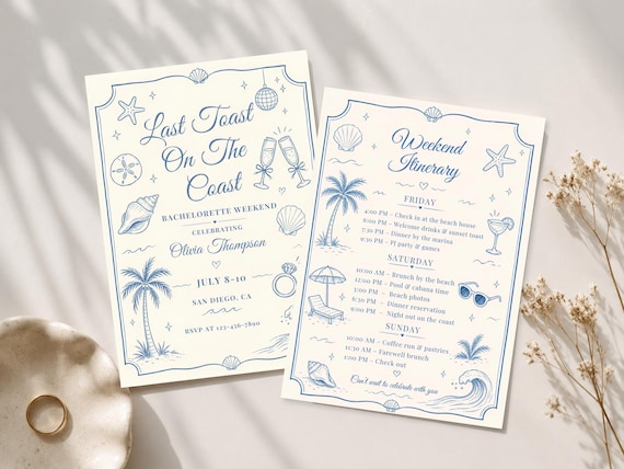 Last Toast on the Coast Bachelorette Invitation and Itinerary Template Beach Bach Invite Coastal Bachelorette Weekend Girls Trip Canva