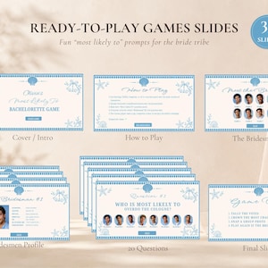May include: A set of 32 digital game slides for a bachelorette party featuring a light blue and white coastal theme with seashell illustrations. The slides include an intro, instructions, bridesmaid profiles, 20 question prompts, and a final slide.