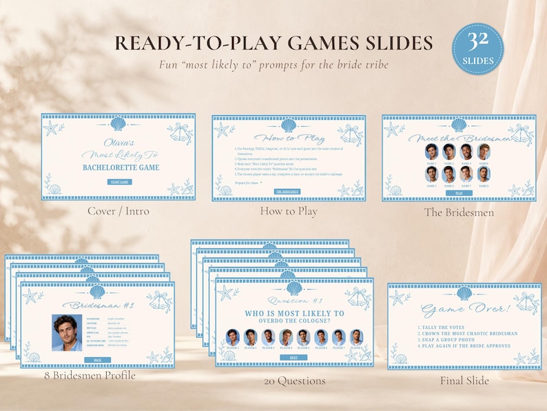 May include: A set of 32 digital game slides for a bachelorette party featuring a light blue and white coastal theme with seashell illustrations. The slides include an intro, instructions, bridesmaid profiles, 20 question prompts, and a final slide.
