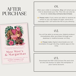K&ouml;nnte beinhalten: Rosa Einladung f&uuml;r eine "Moo Moo's & Margaritas" Party, mit Cocktail, Leopardenmuster und tropischen Blumen. Die Einladung enth&auml;lt Eventdetails und Anweisungen zum digitalen Download nach dem Kauf.