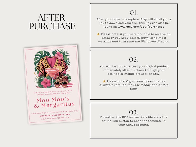 K&ouml;nnte beinhalten: Rosa Einladung f&uuml;r eine "Moo Moo's & Margaritas" Party, mit Cocktail, Leopardenmuster und tropischen Blumen. Die Einladung enth&auml;lt Eventdetails und Anweisungen zum digitalen Download nach dem Kauf.