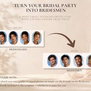 May include: A digital template for a bachelorette game titled TURN YOUR BRIDAL PARTY INTO BRIDESMEN. It displays a before and after comparison of four oval portraits, showing the transformation from bridesmaids to bridesmen with a curved arrow.