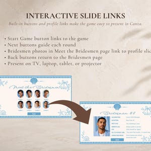 May include: An interactive digital slide presentation template featuring a Meet the Bridesmen page with eight circular photo placeholders and a detailed individual profile slide, both decorated with blue seashell and bell line art graphics.
