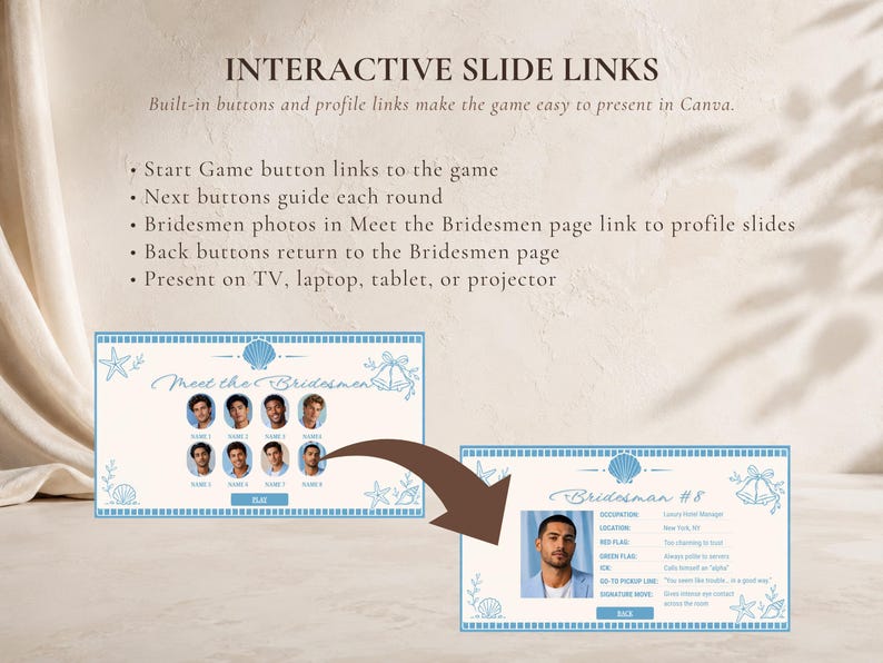 May include: An interactive digital slide presentation template featuring a Meet the Bridesmen page with eight circular photo placeholders and a detailed individual profile slide, both decorated with blue seashell and bell line art graphics.