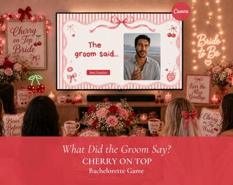 What Did the Groom Say Bachelorette Game Cherry on Top Coquette Bridal Shower Editable Canva Bride Quiz Trivia Template Bach Party
