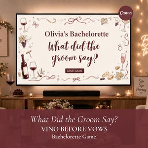 Op de afbeelding: Een digitaal vrijgezellenfeestspel op een televisiescherm met de tekst Olivia's Bachelorette What did the groom say? en een START GAME-knop. Het scherm bevat illustraties van wijnglazen, flessen, druiven en linten in een beige thema.