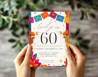 Floral Fiesta 60th Birthday Invitation Cielito Lindo Mexican Party Invite Papel Picado Editable Canva Template (Digital Download)