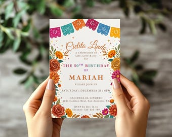 Cielito Lindo 50th Birthday Invitation Editable Mexican Fiesta Invite Papel Picado Floral Party Canva Template