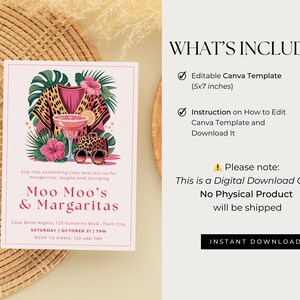 K&ouml;nnte beinhalten: Rosa Einladung mit dem Text "Moo Moo's & Margaritas" und einer Margarita-Illustration im Leopardenmuster. Die Einladung ist 12,7 x 17,8 cm gro&szlig; und enth&auml;lt Anweisungen zur Bearbeitung der Canva-Vorlage.
