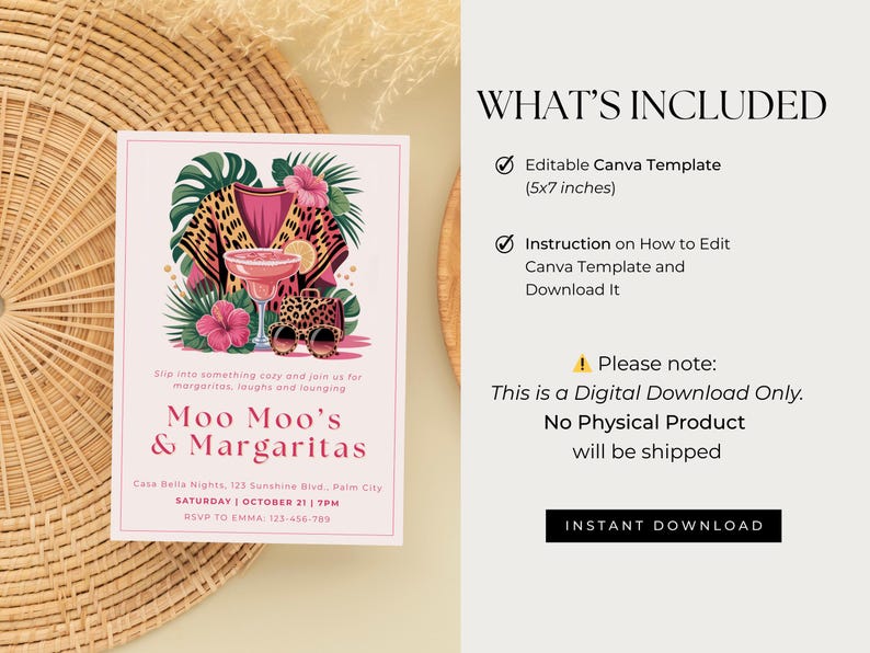 K&ouml;nnte beinhalten: Rosa Einladung mit dem Text "Moo Moo's & Margaritas" und einer Margarita-Illustration im Leopardenmuster. Die Einladung ist 12,7 x 17,8 cm gro&szlig; und enth&auml;lt Anweisungen zur Bearbeitung der Canva-Vorlage.