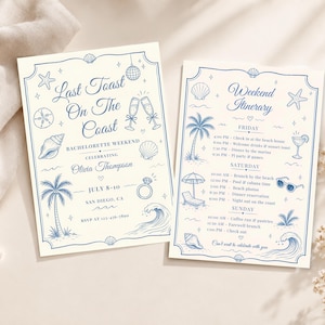 May include: Two rectangular cream-colored cards with blue ink illustrations and text. The left card reads Last Toast On The Coast, Bachelorette Weekend, Olivia Thompson, July 8-10, San Diego, CA. The right card lists a Weekend Itinerary for Friday, Saturday, and Sunday with beach-themed icons like palm trees, shells, and waves.