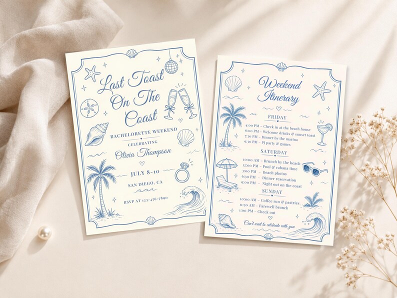 May include: Two rectangular cream-colored cards with blue ink illustrations and text. The left card reads Last Toast On The Coast, Bachelorette Weekend, Olivia Thompson, July 8-10, San Diego, CA. The right card lists a Weekend Itinerary for Friday, Saturday, and Sunday with beach-themed icons like palm trees, shells, and waves.