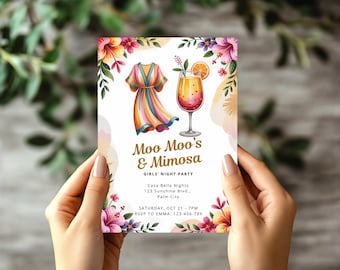Moo Moo's und Mimosa Party Einladung Brunch Laden Ladies Night Brautparty Geburtstagsparty Bearbeitbare Canva Vorlage Digitaler Download
