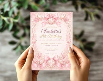 Pink Bow and Seashell Birthday Invitation Template Coastal Seaside Birthday Invite Ocean Shell Party Invite Editable Printable Invite