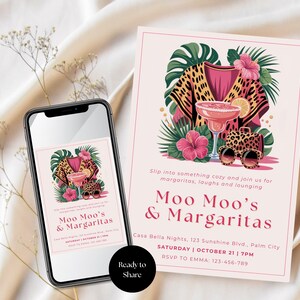 K&ouml;nnte beinhalten: Rosa Einladung mit Margarita-Thema, mit Cocktail, Leopardenmuster-Akzenten und dem Text "Moo Moo's & Margaritas". Ein Smartphone zeigt das gleiche Design. Die Einladung enth&auml;lt Eventdetails.