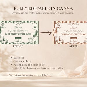 May include: A digital template for a Camp Bachelorette Game featuring two rectangular cards with scalloped edges. The cards display the text Olivia's Most Likely To CAMP BACHELORETTE GAME, with illustrations of pine trees, a tent, and a campfire.