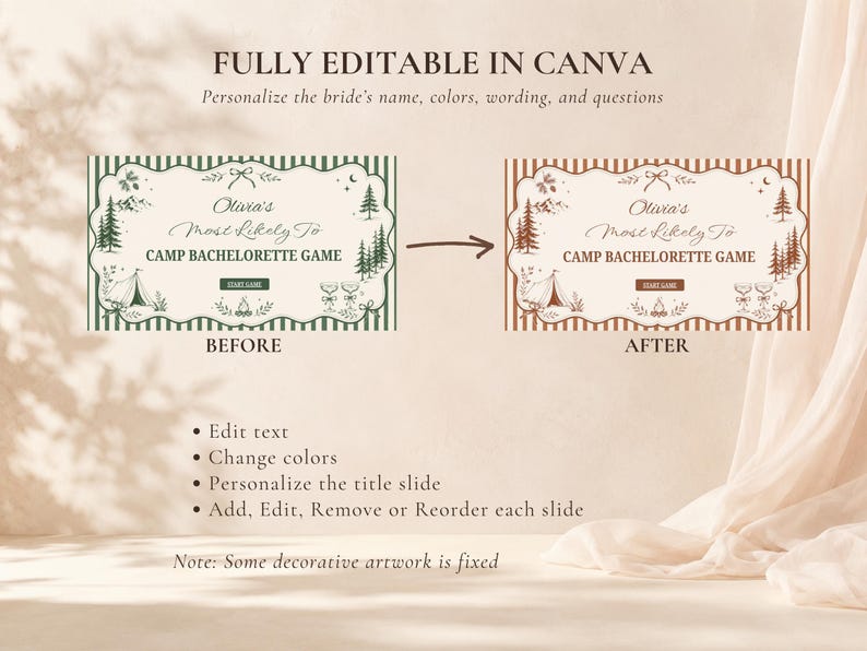 May include: A digital template for a Camp Bachelorette Game featuring two rectangular cards with scalloped edges. The cards display the text Olivia's Most Likely To CAMP BACHELORETTE GAME, with illustrations of pine trees, a tent, and a campfire.