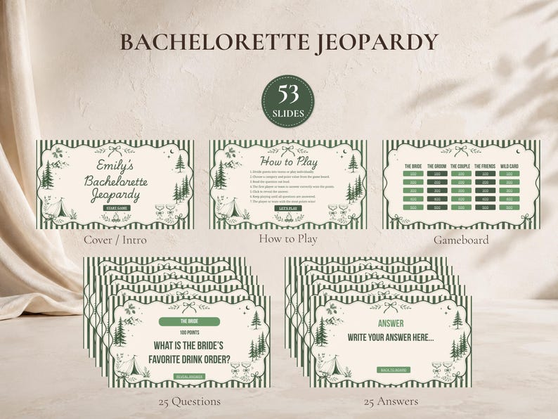 Camp Bachelorette Games Bundle Editable Canva Party Games Bachelorette Jeopardy Party Quiz Most Likely To Gender Swap What Did the Groom Say image 7