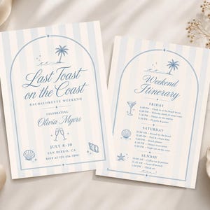 May include: Two rectangular event cards with a light blue and cream vertical striped background. The cards feature an arched frame, blue text, and coastal icons including a palm tree, seashells, and champagne flutes. The text reads Last Toast on the Coast and Weekend Itinerary with event details for Olivia Myers in San Diego, CA.