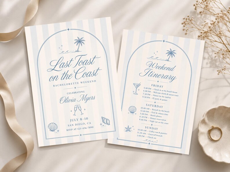 May include: Two rectangular event cards with a light blue and cream vertical striped background. The cards feature an arched frame, blue text, and coastal icons including a palm tree, seashells, and champagne flutes. The text reads Last Toast on the Coast and Weekend Itinerary with event details for Olivia Myers in San Diego, CA.