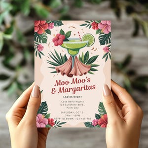 Moo Moos and Margs Digital Invitation Editable Girls Night Invite Fun Pajama Party Bachelorette Celebration Margarita Birthday Ladies Night