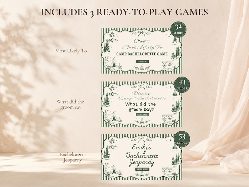 Camp Bachelorette Games Bundle Editable Canva Party Games Bachelorette Jeopardy Party Quiz Most Likely To Gender Swap What Did the Groom Say image 3