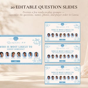 May include: A set of 20 editable question slides for a game, featuring a light blue and white coastal theme with seashell and bell illustrations. The slides include text prompts like 'Who is most likely to ghost someone' and placeholders for player photos.