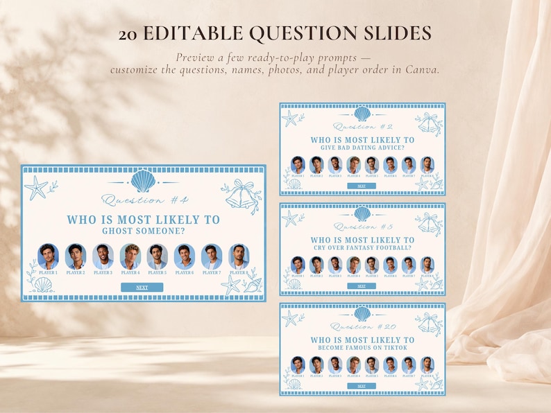 May include: A set of 20 editable question slides for a game, featuring a light blue and white coastal theme with seashell and bell illustrations. The slides include text prompts like 'Who is most likely to ghost someone' and placeholders for player photos.