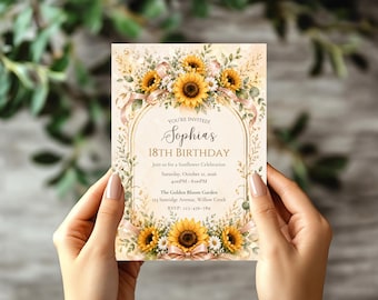 Sunflower Birthday Invitation Template 18th Birthday Party Invite Floral Garden Birthday Invite, Editable Printable Invite Digital Download