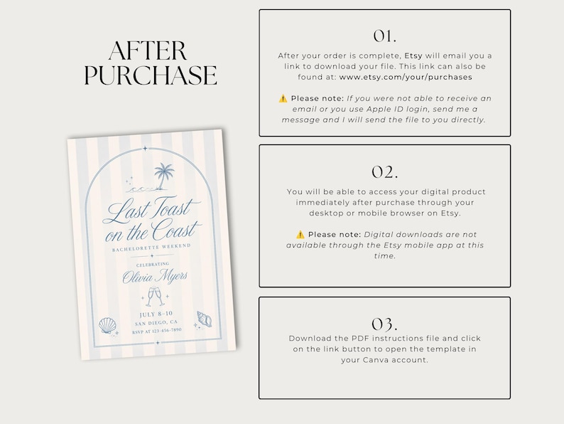 May include: An informational graphic titled AFTER PURCHASE with three numbered steps explaining digital file access. To the left, a light blue and white striped invitation template features an arched frame, palm tree, and the text Last Toast on the Coast.