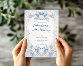 Blue Bow and Seashell Birthday Invitation Template Coastal Seaside Birthday Invite Ocean Shell Party Invite Editable Printable Invite