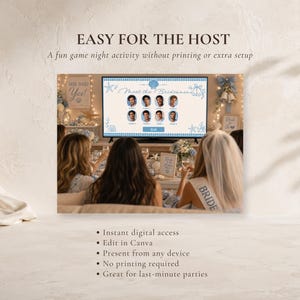 May include: A digital game displayed on a television screen featuring the text Meet the Bridesmen and eight individual portraits. The screen shows a blue and white theme with starfish and bell graphics. Text above reads EASY FOR THE HOST.