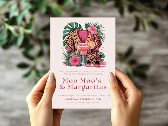 Editable Pink Moo Moo’s & Margaritas Invitation Printable Girls Night Party Invite Digital Ladies Night Out Bachelorette Glam Party Template