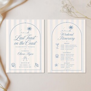 May include: Two rectangular cards with a light blue and cream vertical striped background. The left card features an arched frame, palm tree, seashell icons, and text reading Last Toast on the Coast, Olivia Myers, July 8-10. The right card lists a Weekend Itinerary.