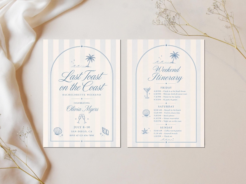 May include: Two rectangular cards with a light blue and cream vertical striped background. The left card features an arched frame, palm tree, seashell icons, and text reading Last Toast on the Coast, Olivia Myers, July 8-10. The right card lists a Weekend Itinerary.