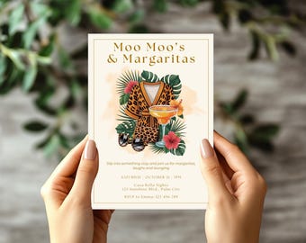 編集可能なMoo Moo’s & Margaritas招待状、印刷可能な女子会パーティー招待状、デジタルレディースナイトアウト、独身パーティーの華やかなテンプレート